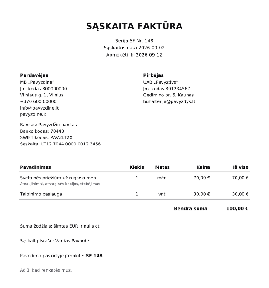 Sąskaitos faktūros pavyzdys